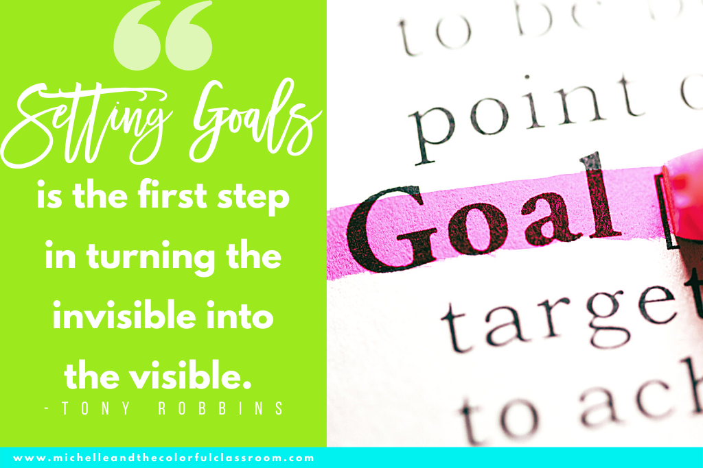 Quote from Tony Robbins about setting goals alongside an image with the word goal highlighted in pink