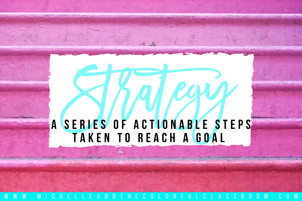 A definition of "strategy" referencing "actionable steps" with hot pink steps in the background.