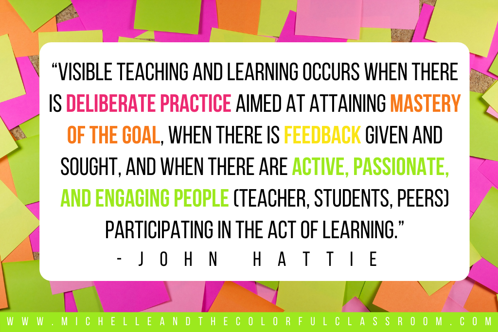 Quote from John Hattie about visible teaching and learning. This image also has brightly colored sticky notes in the background.